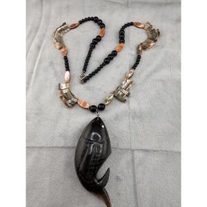 Vintage Koi Fish Necklace Black Carved Pendant Sterling 30" Signed Sandra David